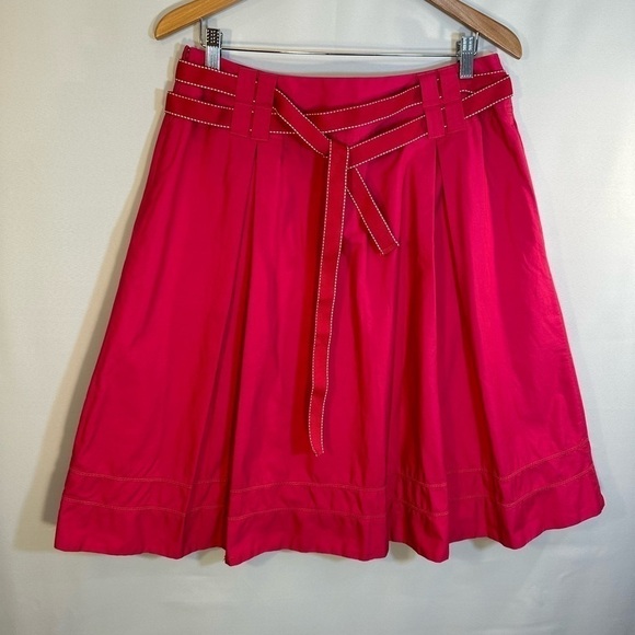 Liz Claiborne 100% Cotton Hot Pink Fit & Flared Pleated Belted Knee Length Skirt - Picture 8 of 8
